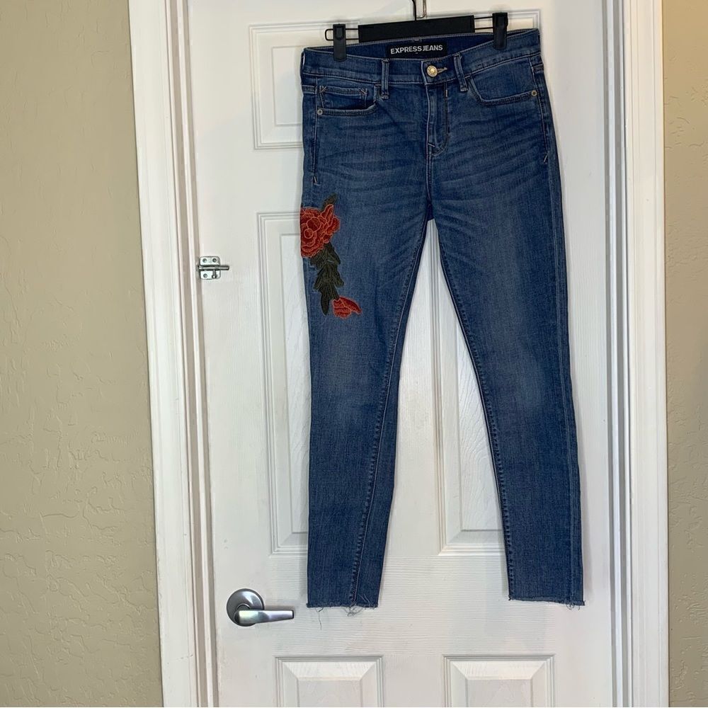 Express Ankle Legging Mid Rise raw hem blue embroidered Size 6